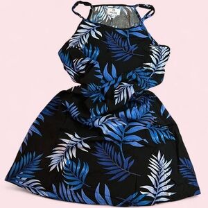 Tropical Halter Dress with Blue Leaf Print